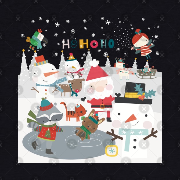 Fun greeting card with Santa and friends having a Christmas party outside by marina63